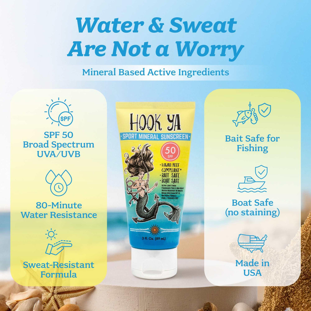 Hook'Ya label close-up showing reef-compliant ingredients and clean formulation