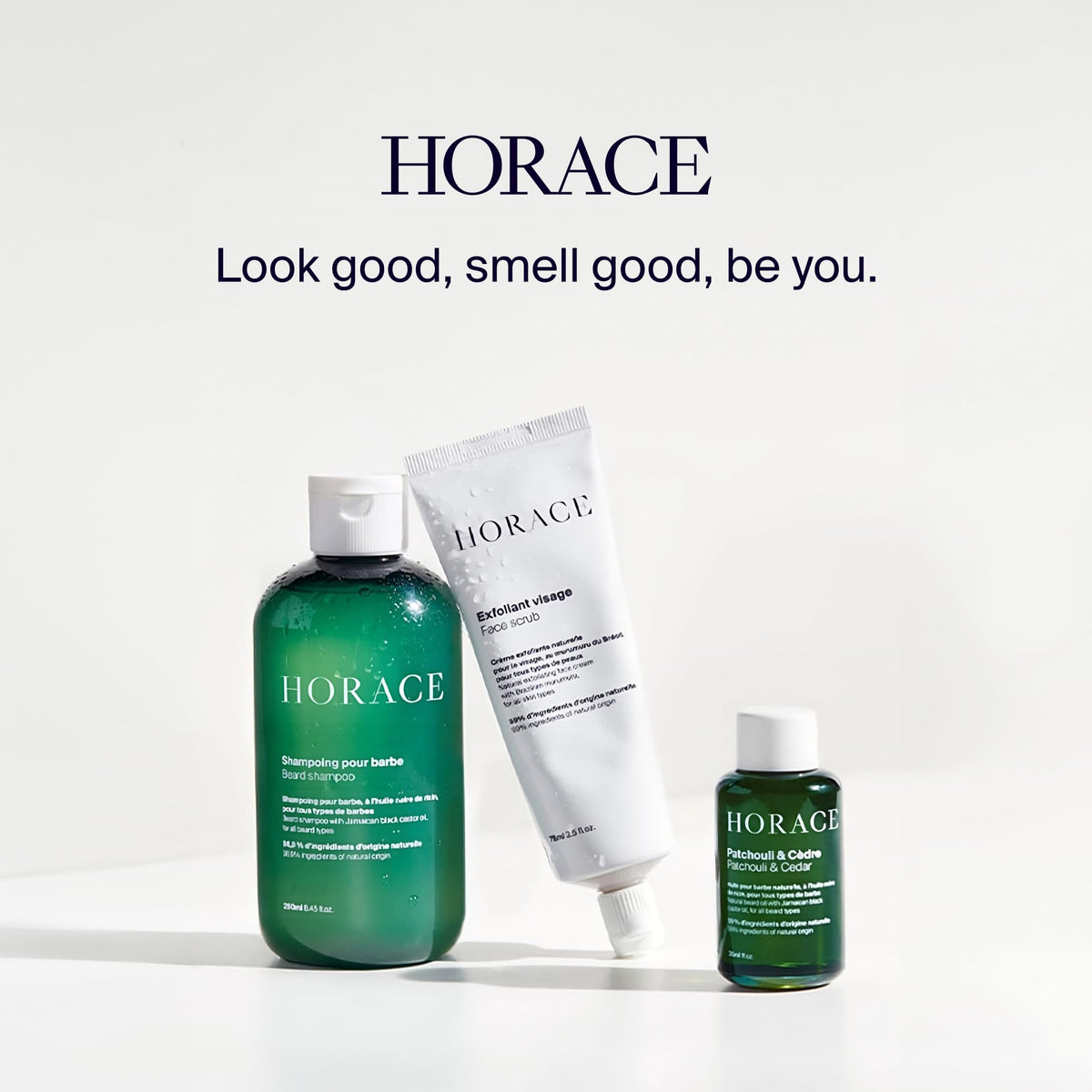 HORACE shampoo on bathroom shelf in routine setting for everyday grooming benefit