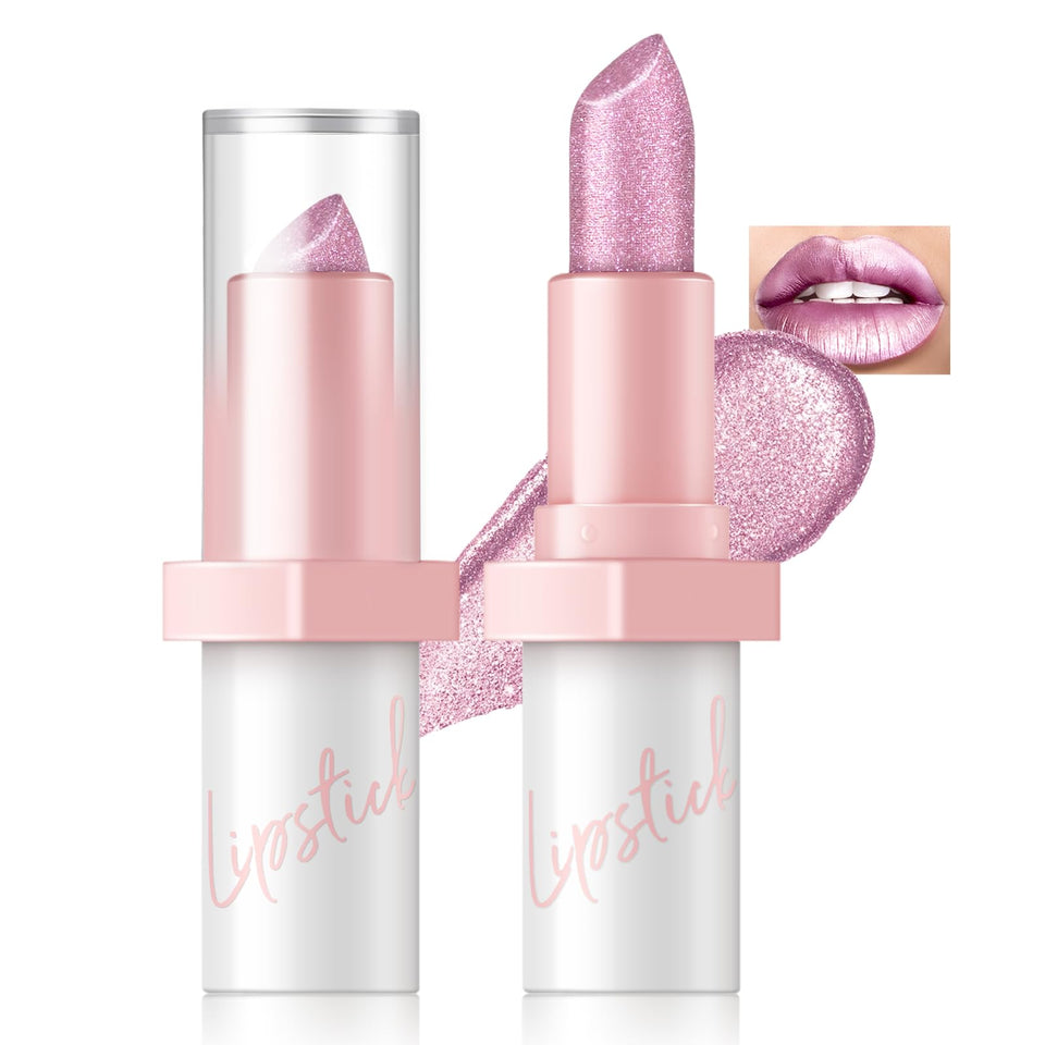 HOSAILY front view of metallic pink lipstick showing sleek packaging and shine benefit