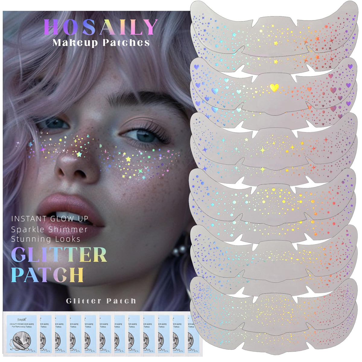 HOSAILY front packaging showing 12 holographic freckle stickers and remover wipes for quick use