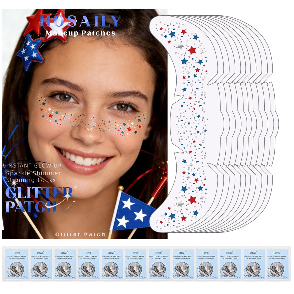 HOSAILY front packaging showing patriotic glitter freckle kit and wipes for easy use