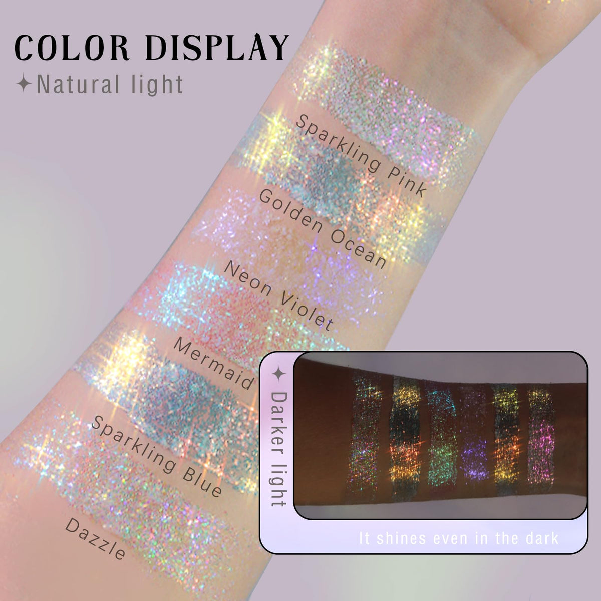 HOSAILY Neon Violet on eyelid showing vivid holographic stage-ready glow