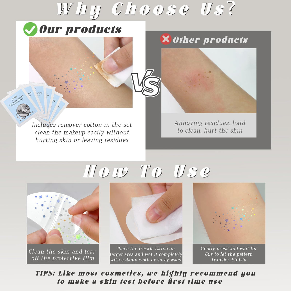 HOSAILY remover wipe beside unused sheets illustrating clean, gentle removal convenience
