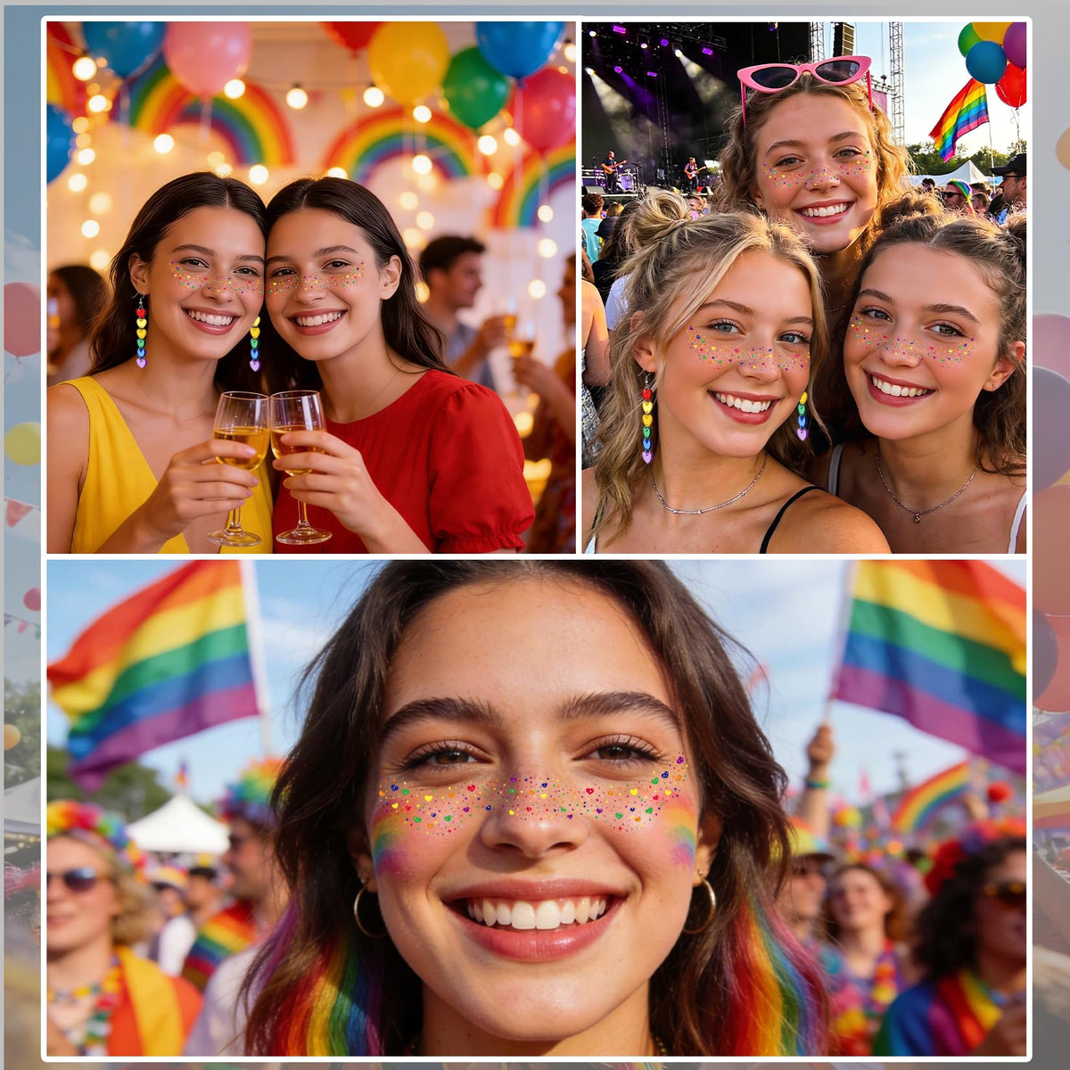 Hosomono freckles and earrings styled on model, creates coordinated pride look