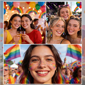 Hosomono freckles and earrings styled on model, creates coordinated pride look