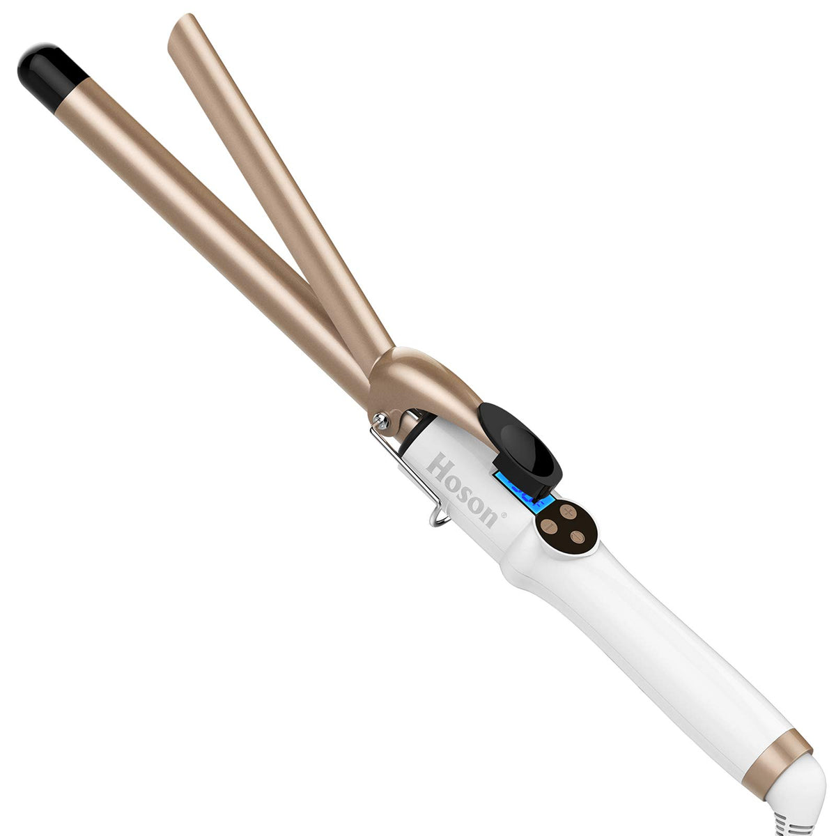 Hoson curling iron front view showing gold wand and barrel benefit fast styling