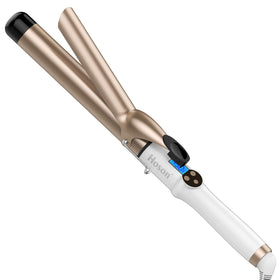 Hoson curling iron front view showing long barrel and clip for easy styling