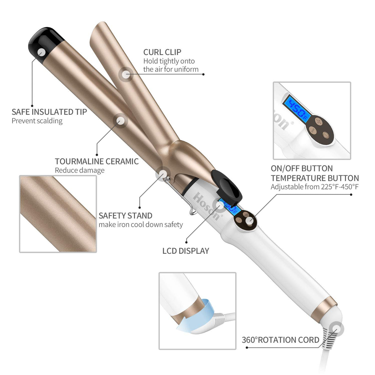 Hoson curling iron in use on long hair creating loose, lasting waves