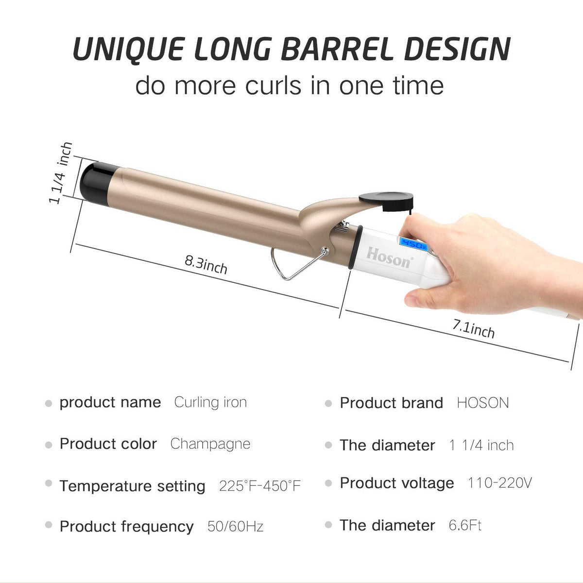 Hoson curling iron held in hand showing barrel length and travel-ready size