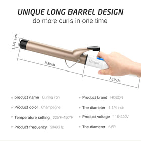 Hoson curling iron held in hand showing barrel length and travel-ready size