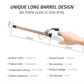 Hoson curling iron next to ruler showing long 8.3-inch barrel for styling medium to long hair