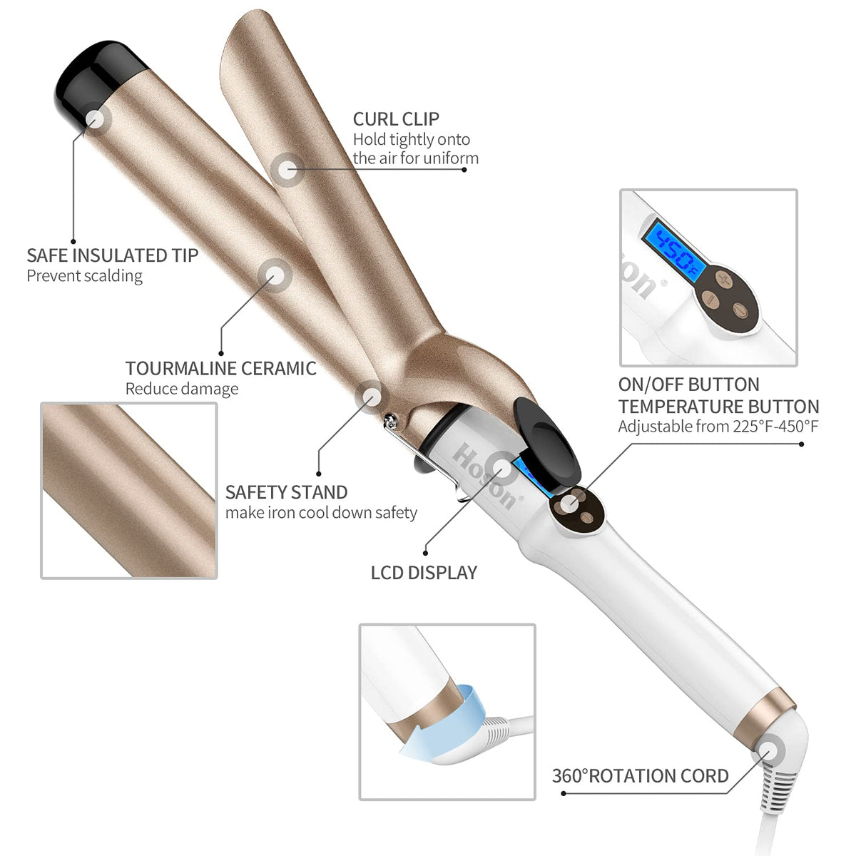 Hoson curling iron held in hand showing 1.5 inch barrel for scale