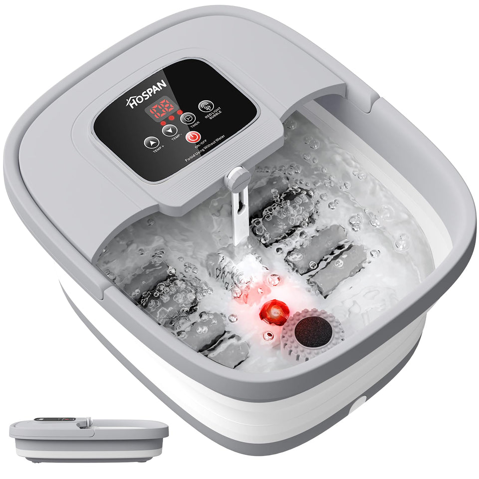 HOSPAN foot spa front view showing controls and benefits of easy operation