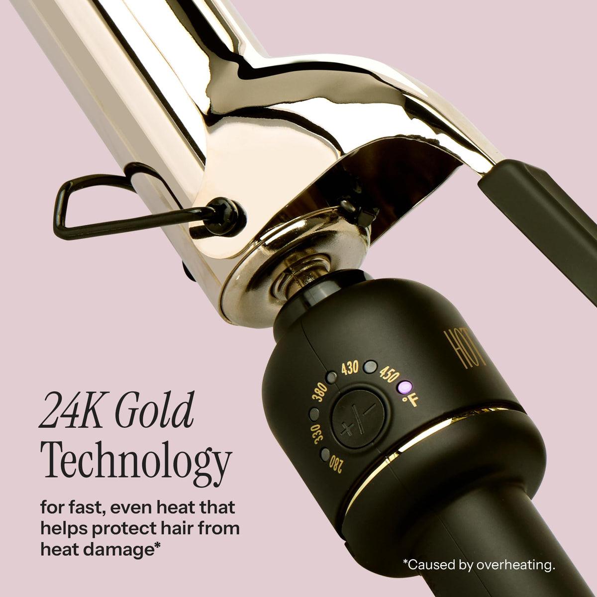 HOT TOOLS close-up of extended 1-inch 24K gold barrel highlighting even heat transfer benefit