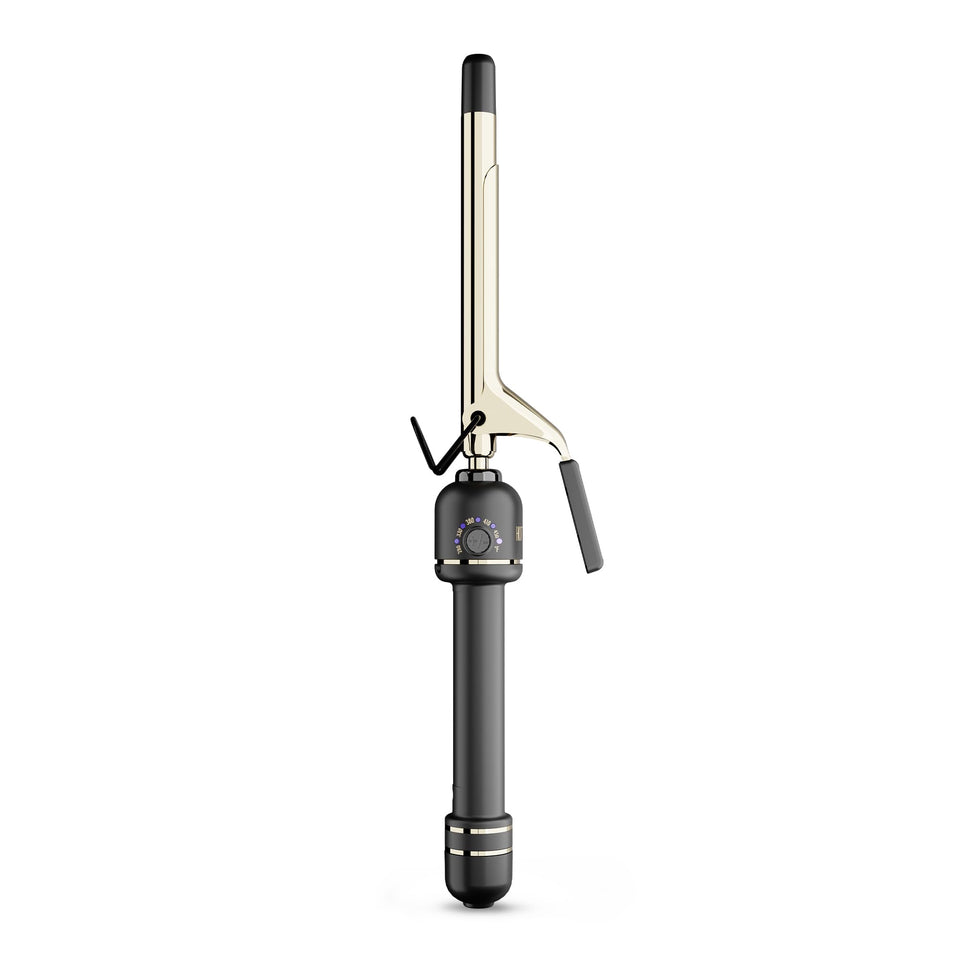 HOT TOOLS front view of extended barrel curling iron showing full length and clamp for precise curls