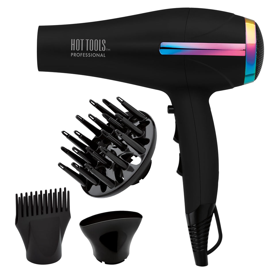 HOT TOOLS front view of rainbow hair dryer showing sleek profile and controls for quick styling