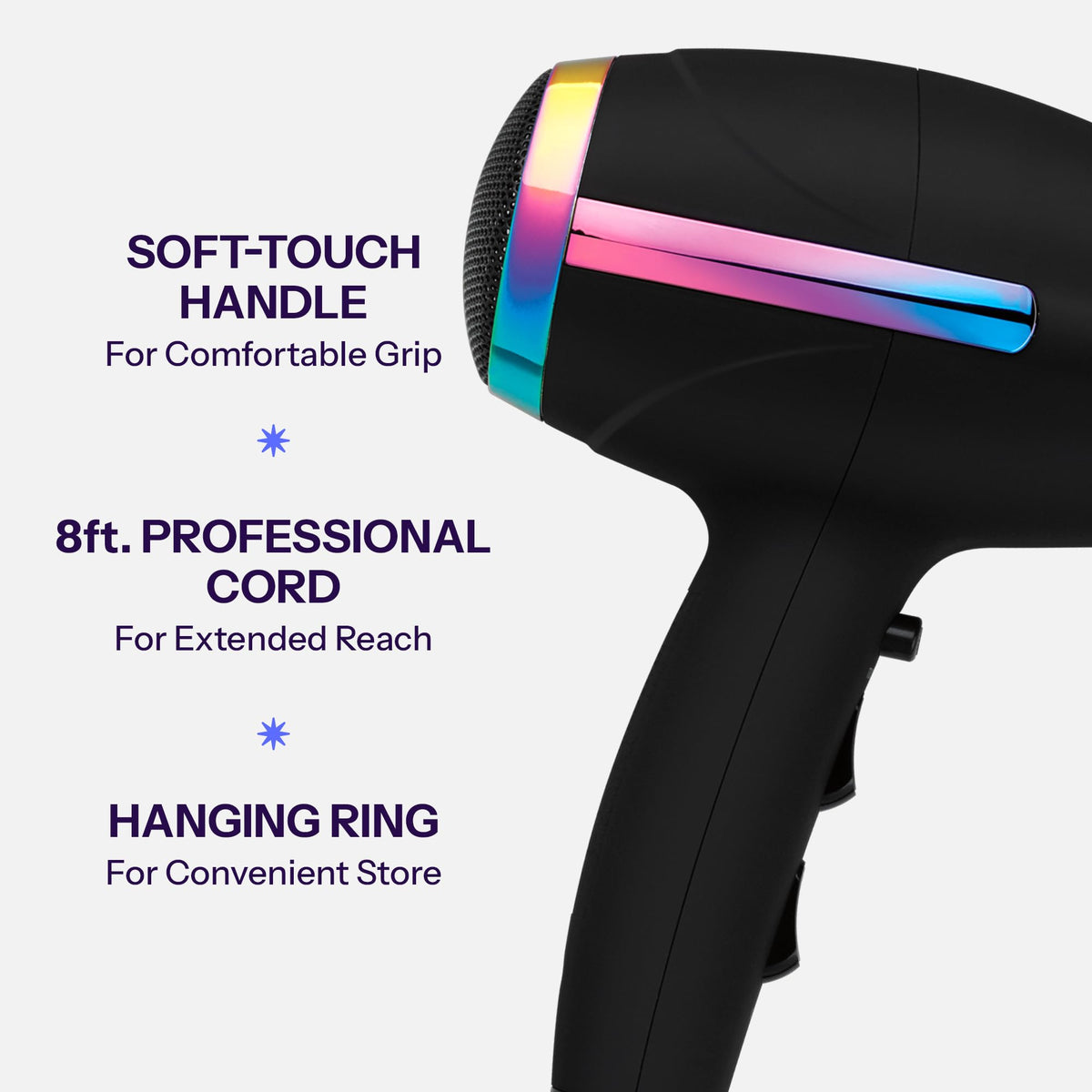 HOT TOOLS hair dryer held in hand to show size and lightweight design for less arm fatigue