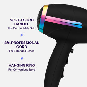 HOT TOOLS hair dryer held in hand to show size and lightweight design for less arm fatigue