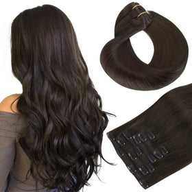 hotbanana front packaging showing dark brown 18-inch extensions and benefits of natural look