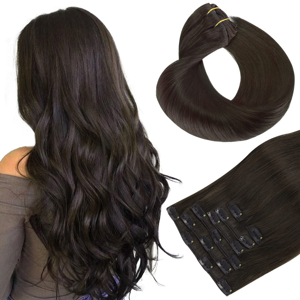hotbanana front packaging showing dark brown 18-inch extensions and benefits of natural look