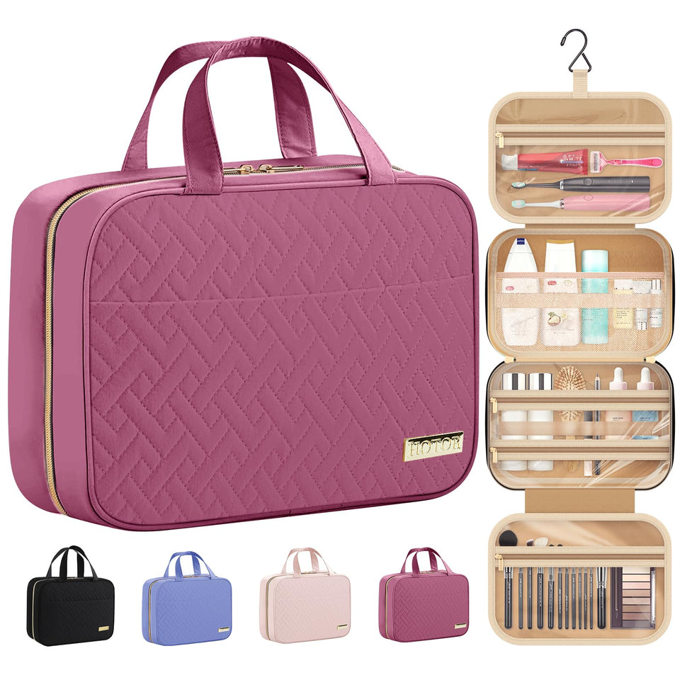 HOTOR front closed view showing compact rosewood-pink bag and grab handle benefit