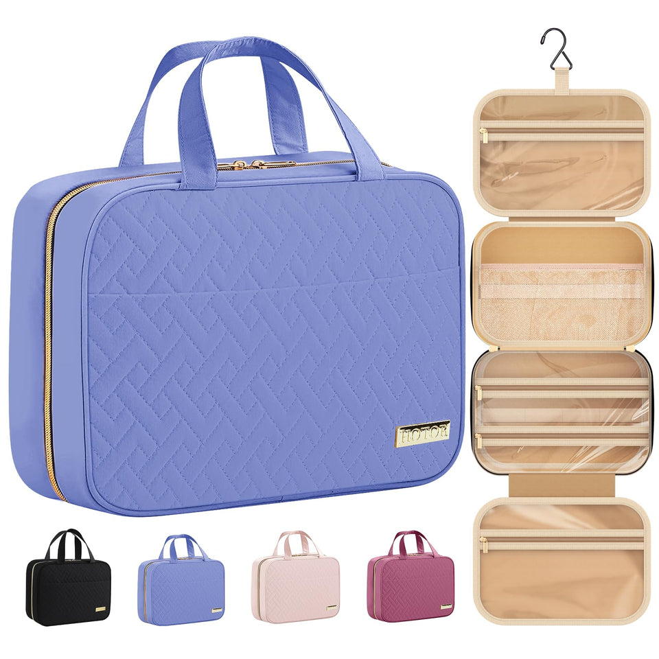 HOTOR front view of Aegean-blue bag showing compact carry handle and zip benefit