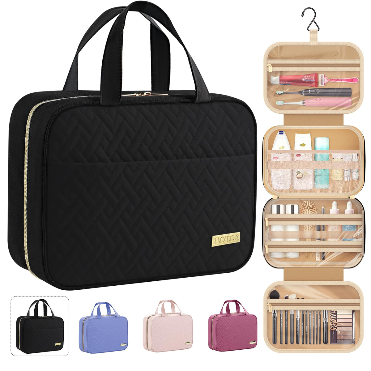HOTOR front view of closed black toiletry bag showing compact portability and handle