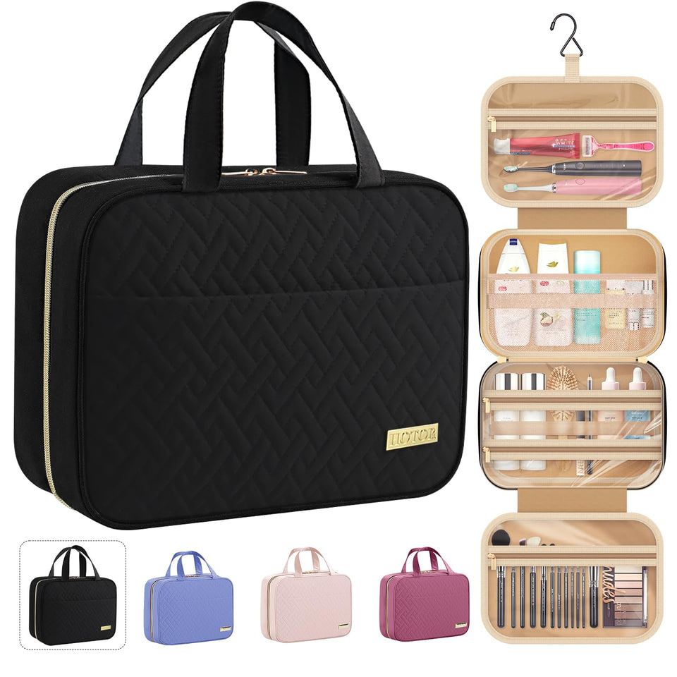 HOTOR front view of closed black toiletry bag showing compact portability and handle