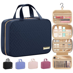 HOTOR front view navy toiletry bag showing compact closed shape and grab handle benefit