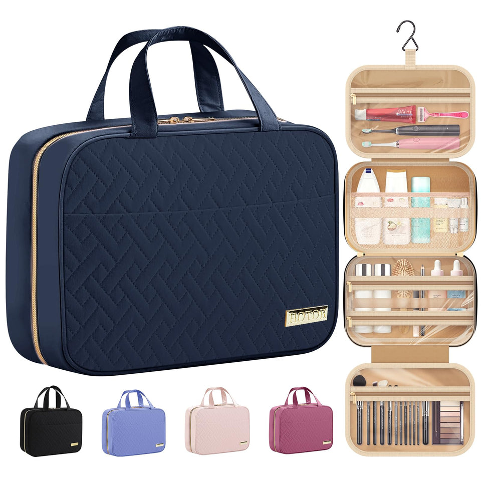 HOTOR front view navy toiletry bag showing compact closed shape and grab handle benefit