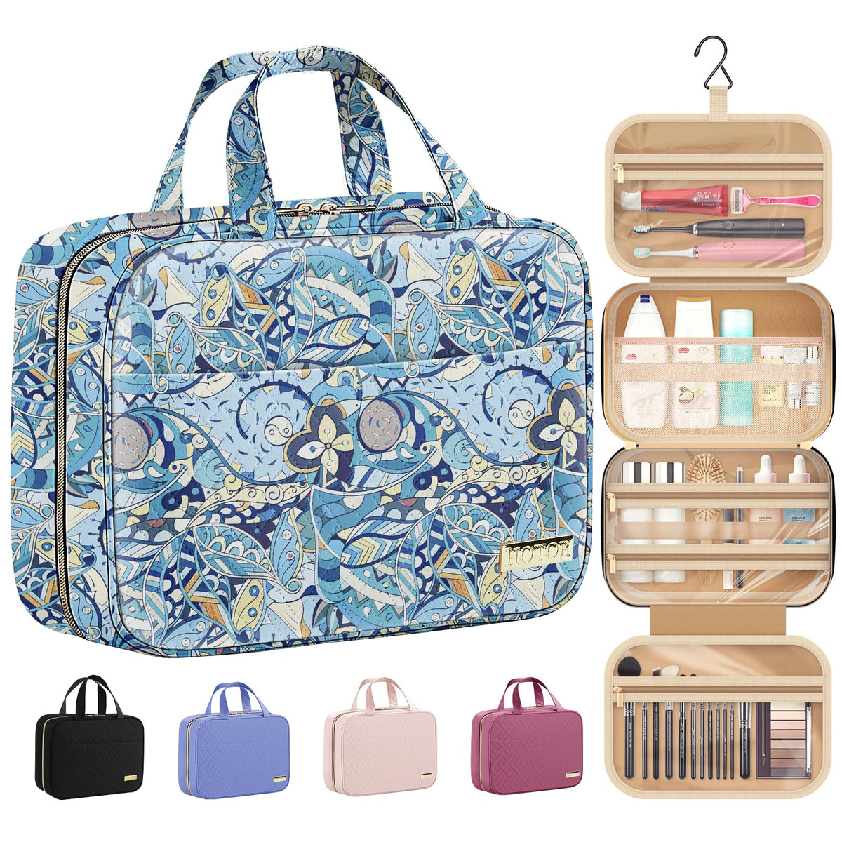 HOTOR toiletry bag front view in blue paisley shows organized compartments and travel-ready design