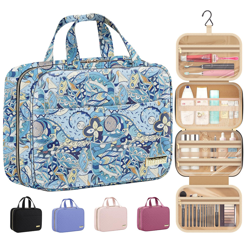 HOTOR toiletry bag front view in blue paisley shows organized compartments and travel-ready design