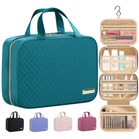 HOTOR front view of teal hanging toiletry bag showing zipper and handle convenience