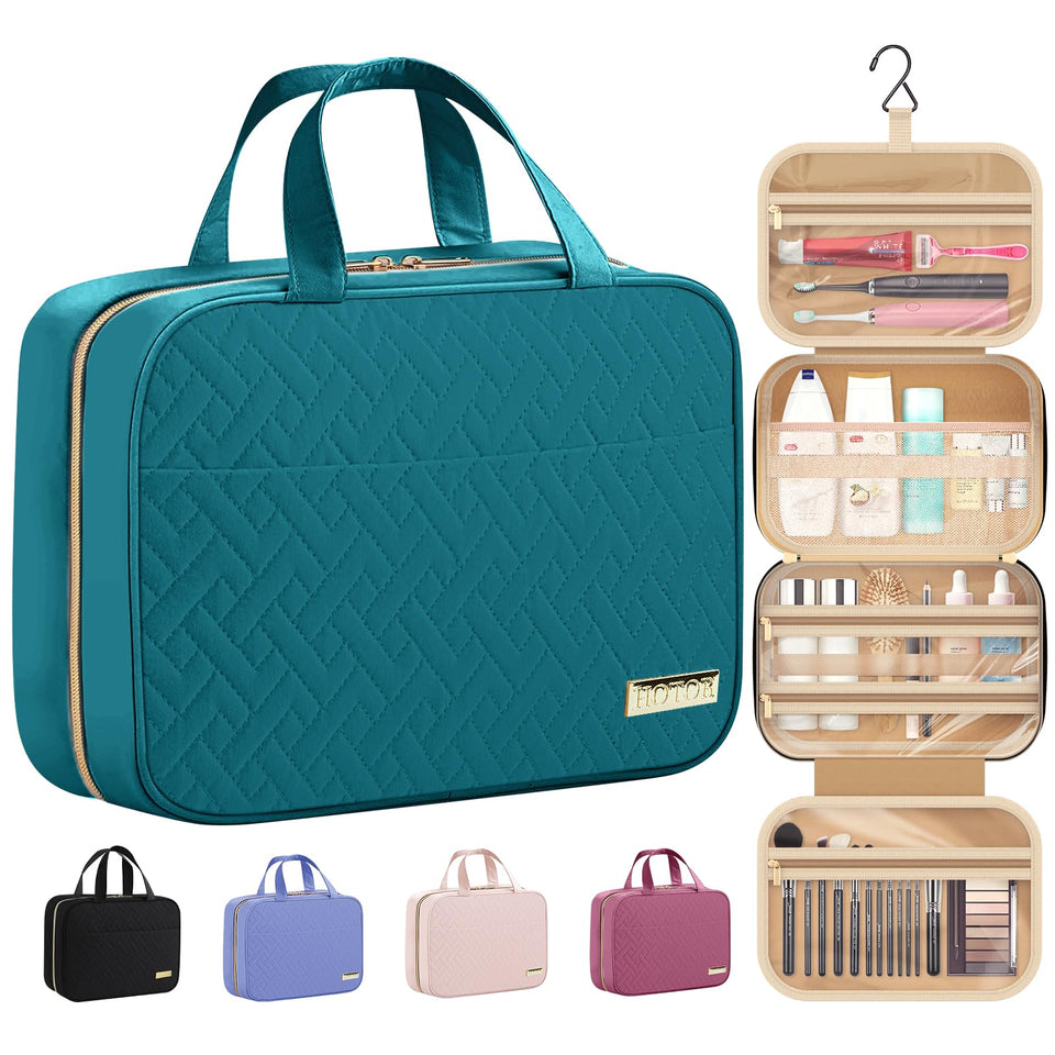 HOTOR front view of teal hanging toiletry bag showing zipper and handle convenience