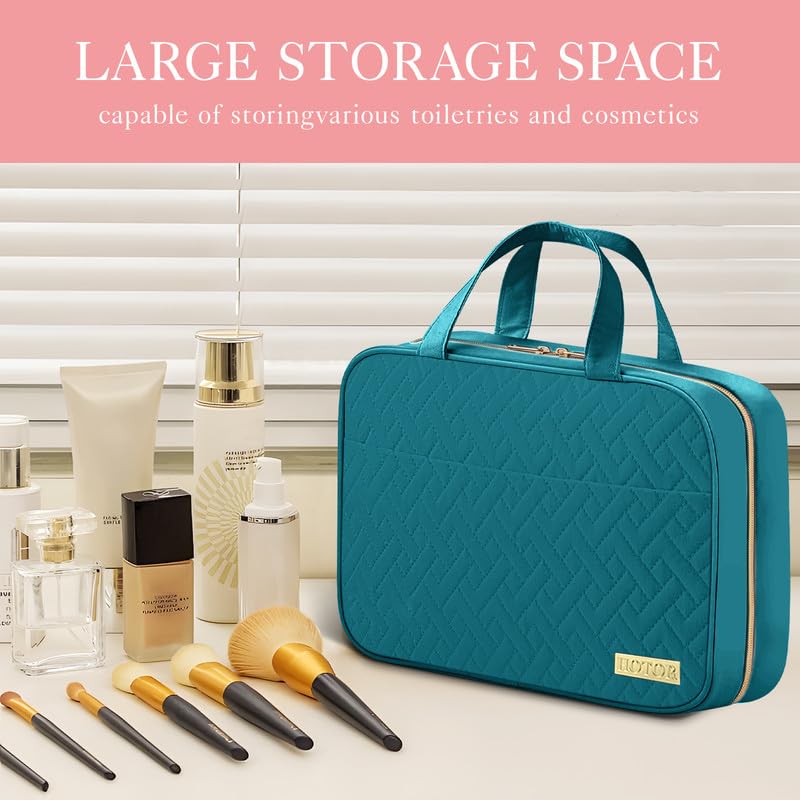HOTOR hanging toiletry bag open on hook with visible organized travel items