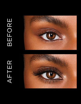 Hourglass before and after lashes highlighting dramatic volume and length