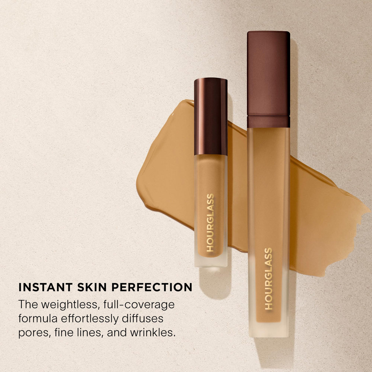 hourglass product label closeup highlighting vegan formula and long-wear benefit
