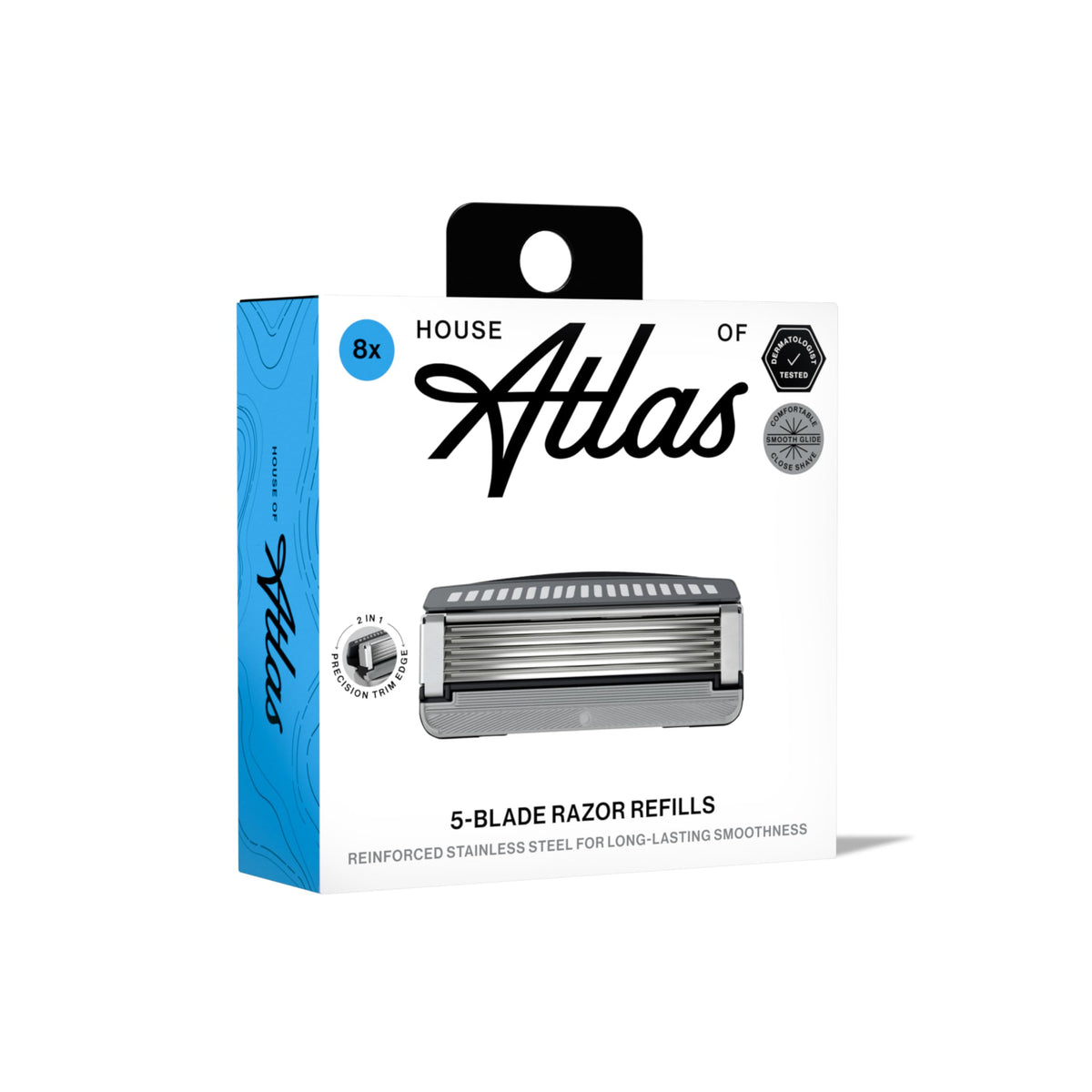 House of Atlas cartridges staged in bathroom setting illustrating everyday shaving convenience