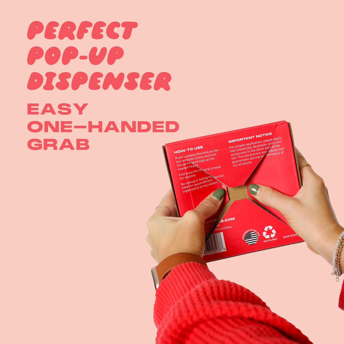 House of Foils pop-up dispenser in use enabling fast one-handed access