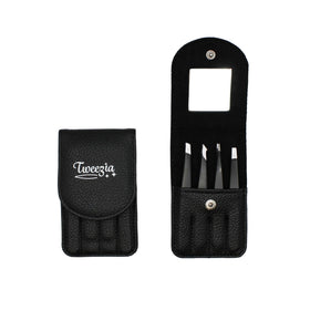 Houseify TWEEZIA front view showing four stainless steel tweezers and case, professional precision