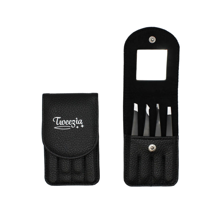Houseify TWEEZIA front view showing four stainless steel tweezers and case, professional precision