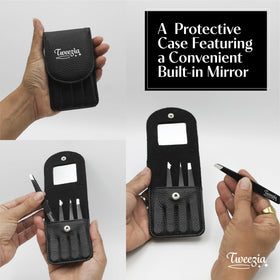 Houseify TWEEZIA mirror inside leather case for on-the-go grooming convenience