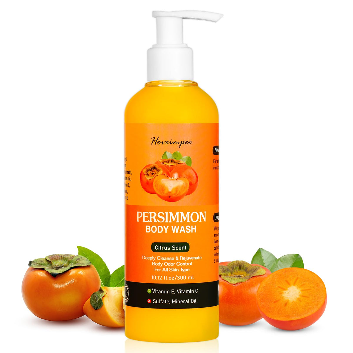 Hoveimpee front bottle showing persimmon body wash and clean packaging benefit