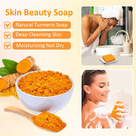 HOYEHOLA soap next to turmeric root and kojic ingredient supporting brightening