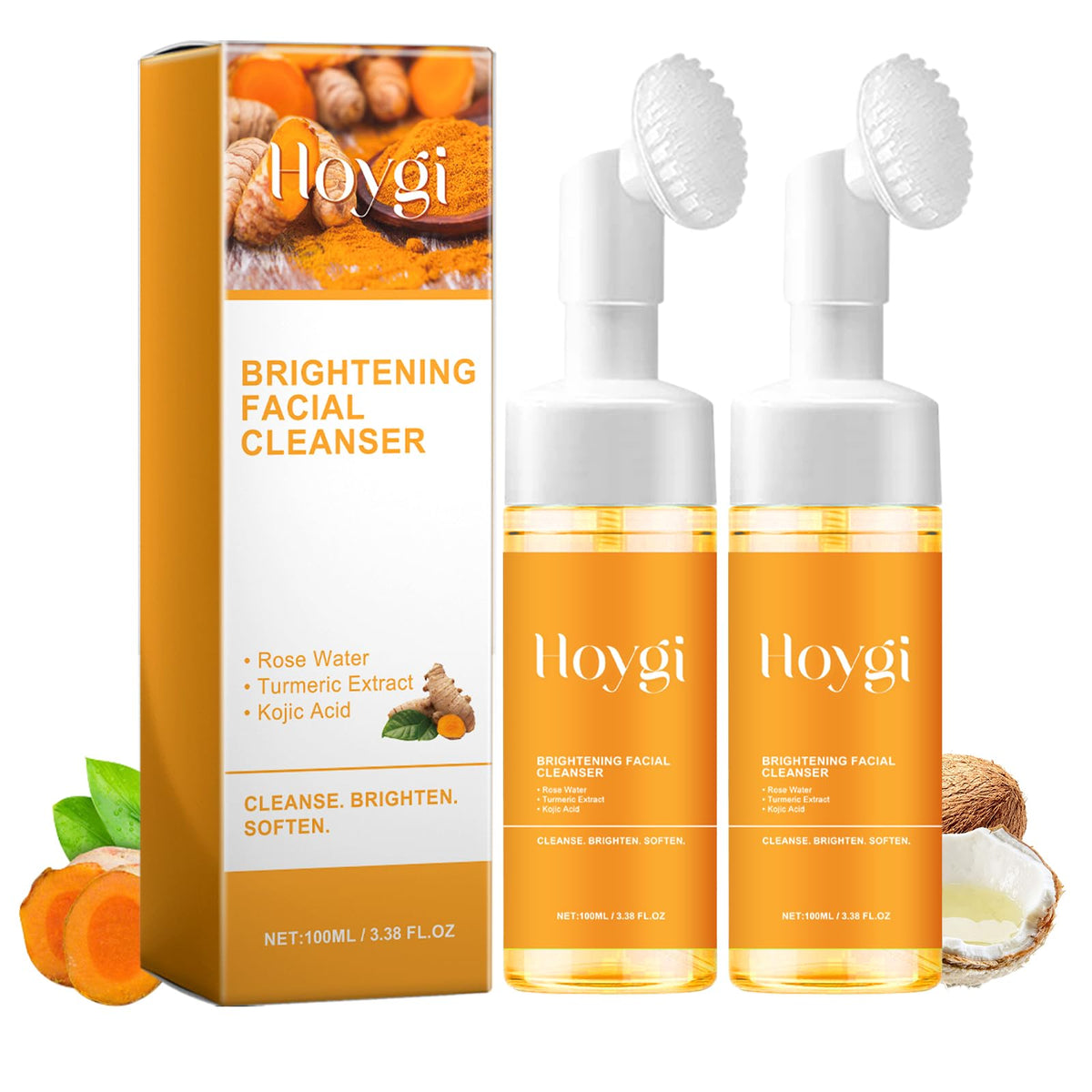 HOYGI front packaging showing two 3.38 fl oz bottles and brush, clear benefit