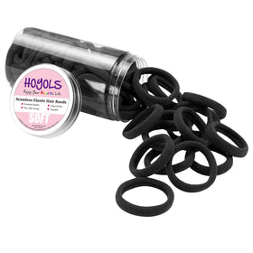 HOYOLS front packaging showing 100 black seamless hair ties, organized and compact benefit