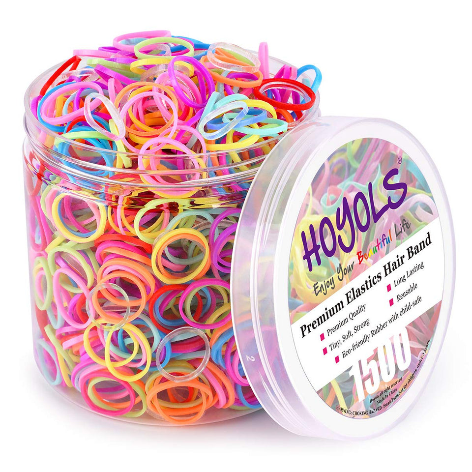 HOYOLS front pouch of multicolor mini hair elastics showing variety and supply