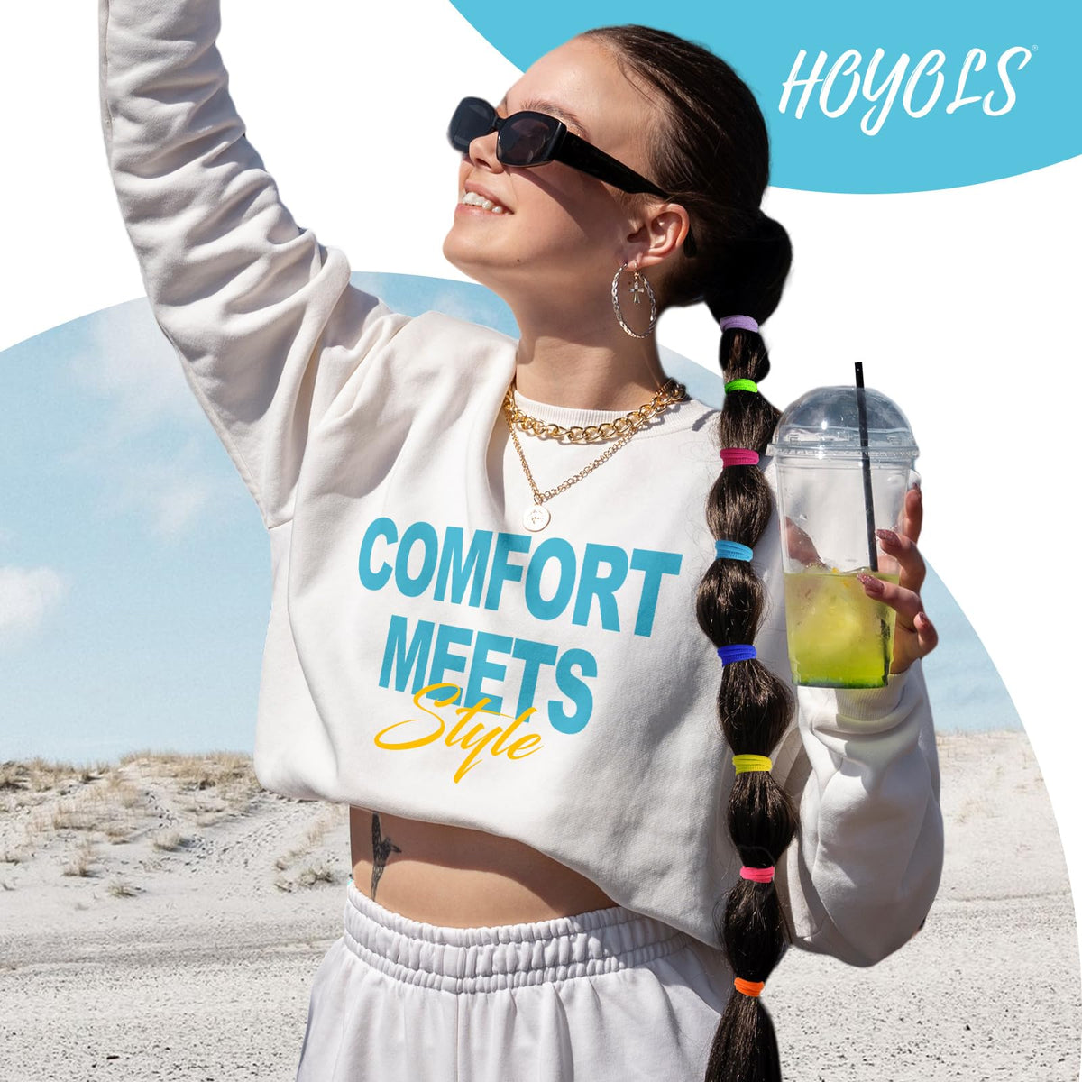 HOYOLS hair ties on bathroom counter showing travel-ready convenience