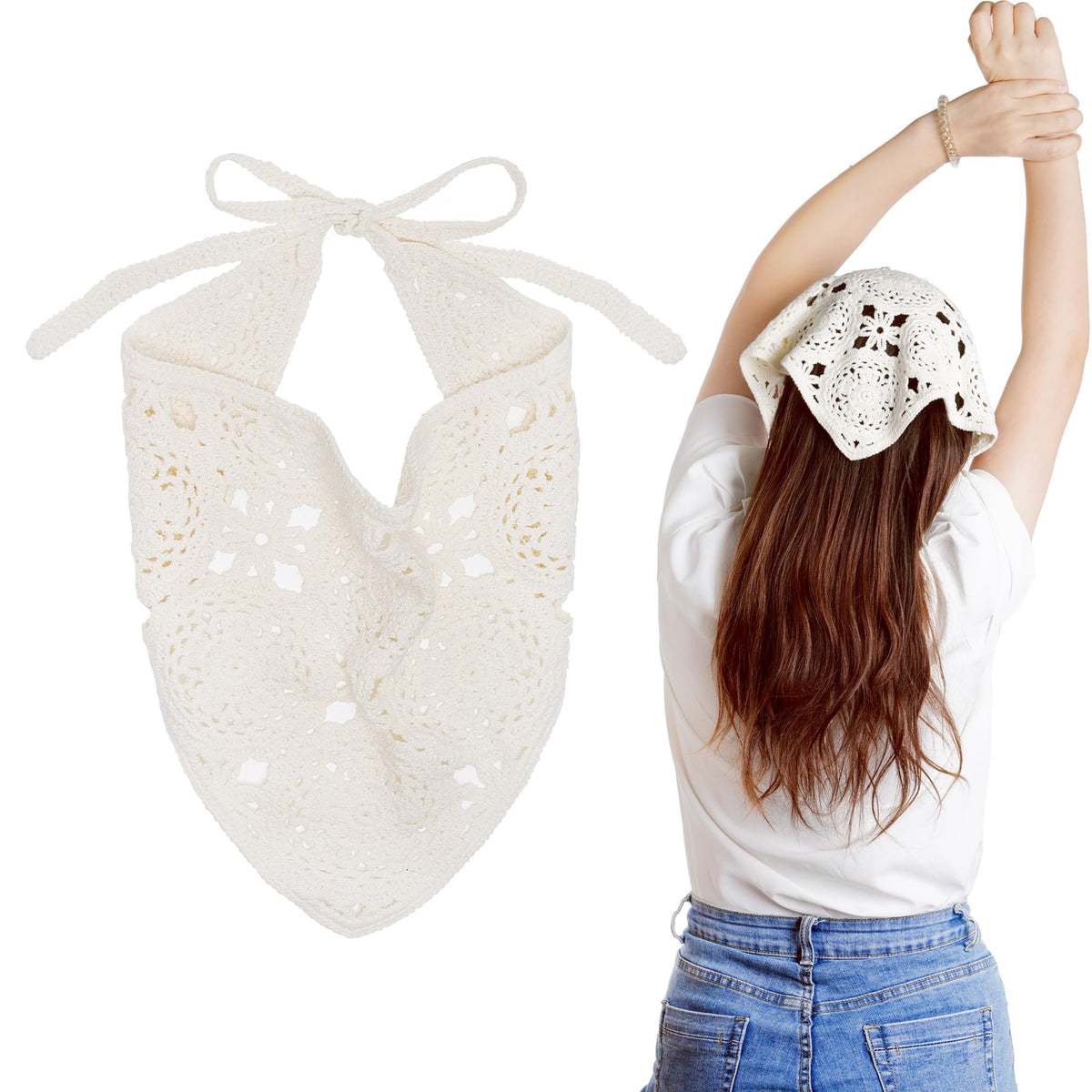 hoyuwak front view of white crochet bandana showing overall shape and fit