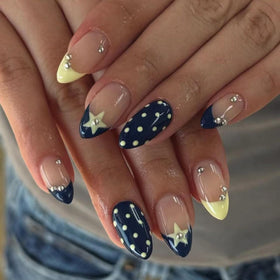 HPYFOI front packaging showcasing blue yellow polka dot press-on nails and kit